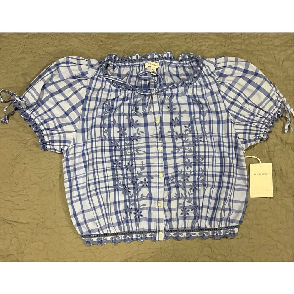 Free Assembly Blue Grandmacore Puff Sleeve Slight Crop S Top New